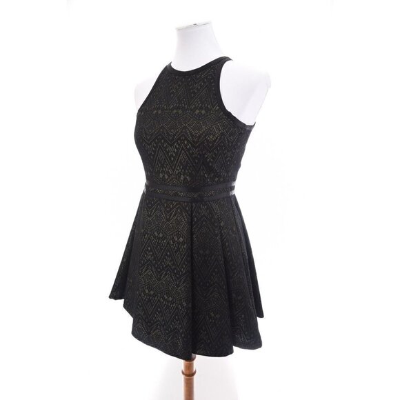 Parker Sz S Fit and Flare Black Gold Metallic Mini Dress Pleated Cut Out Back - Picture 8 of 12